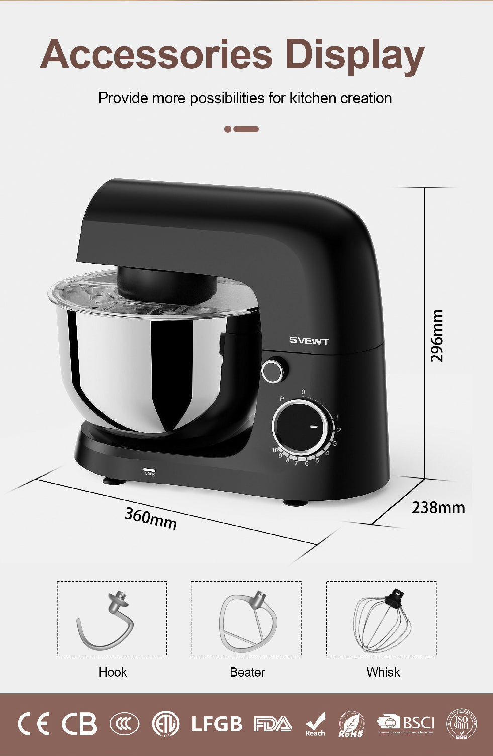 SVEWT SM-1540 1500W Küchenmaschine mit 5,5L Edelstahl-Schüssel & 10 Geschwindigkeiten – Schwarz