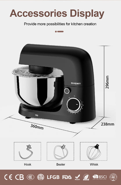 SVEWT SM-1540 1500W Küchenmaschine mit 5,5L Edelstahl-Schüssel & 10 Geschwindigkeiten – Schwarz