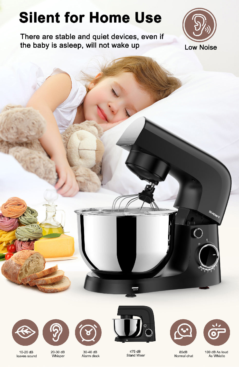 SVEWT SM-1540 1500W Küchenmaschine mit 5,5L Edelstahl-Schüssel & 10 Geschwindigkeiten – Schwarz