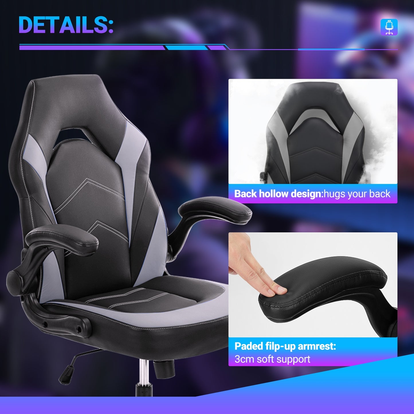 Ergonomischer Gaming- und Bürostuhl aus PU-Leder – Drehbarer Computerstuhl mit Lendenwirbelstütze